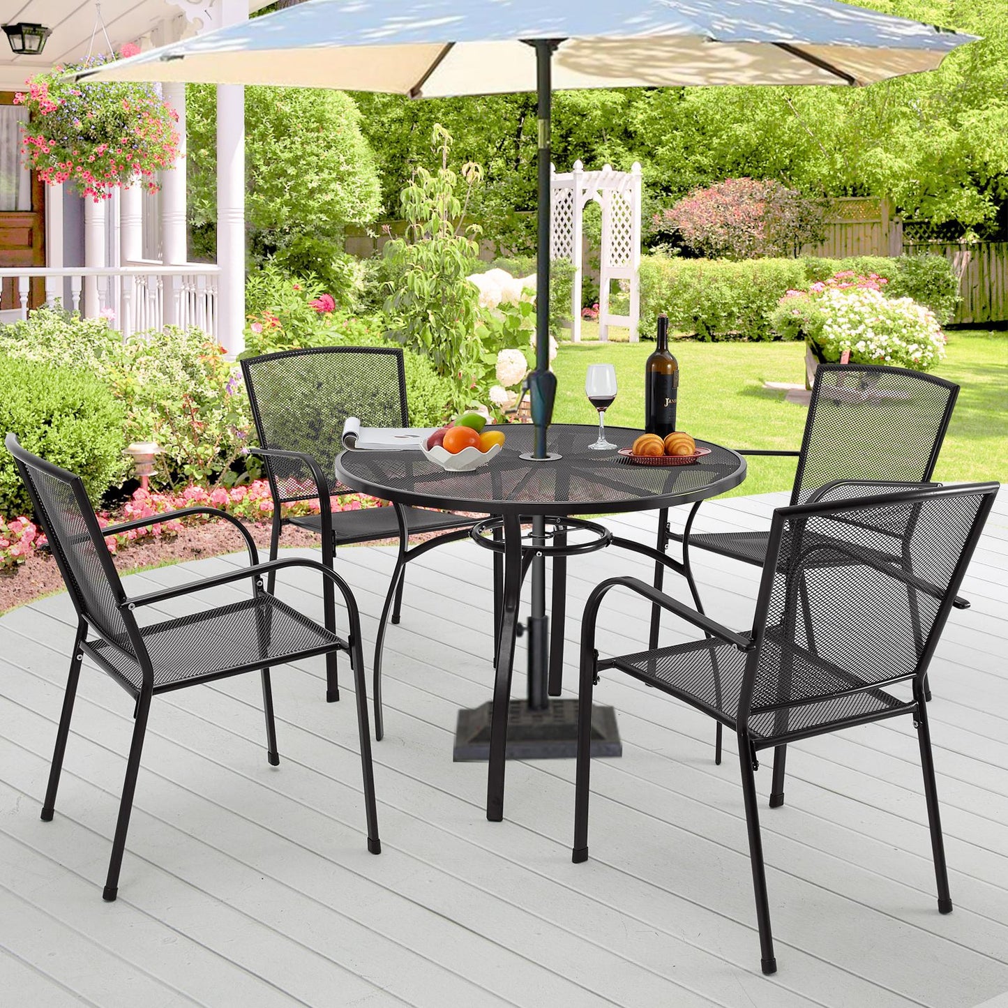 YODOLLA 5-Piece Patio Metal Dining Set, Iron Outdoor Dining Set with Round Table and 4 Stackable Arm Chairs in Dark Gray for Garden