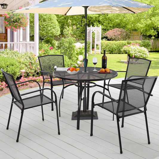 YODOLLA 5-Piece Patio Metal Dining Set, Iron Outdoor Dining Set with Round Table and 4 Stackable Arm Chairs in Dark Gray for Garden