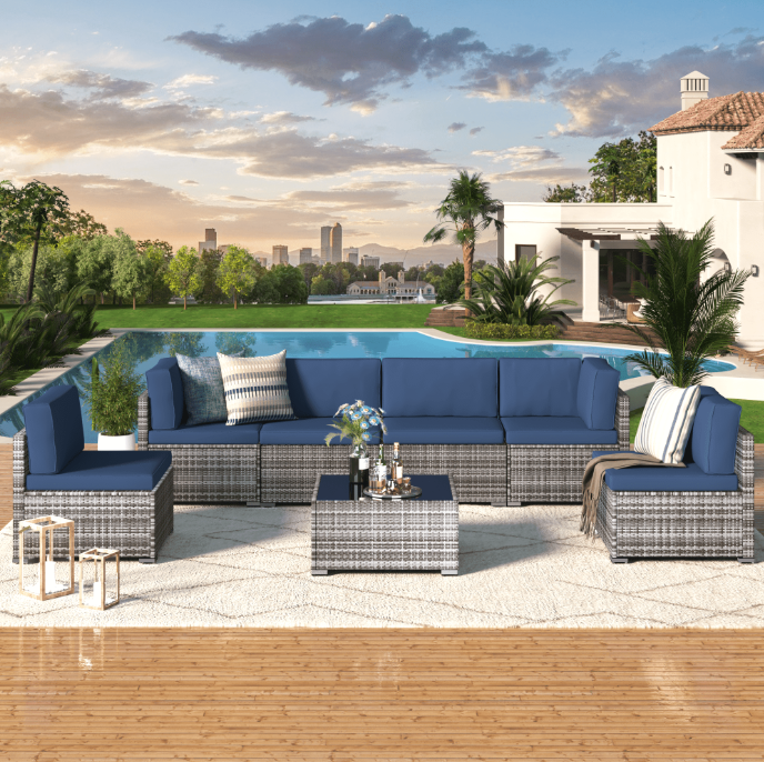 YODOLLA 7-Piece Patio Furniture Set on Sale, Rattan Wicker Outdoor Sectional Sofa Couch with Table Patio Conversation Set for Lawn& Backyard In Navy