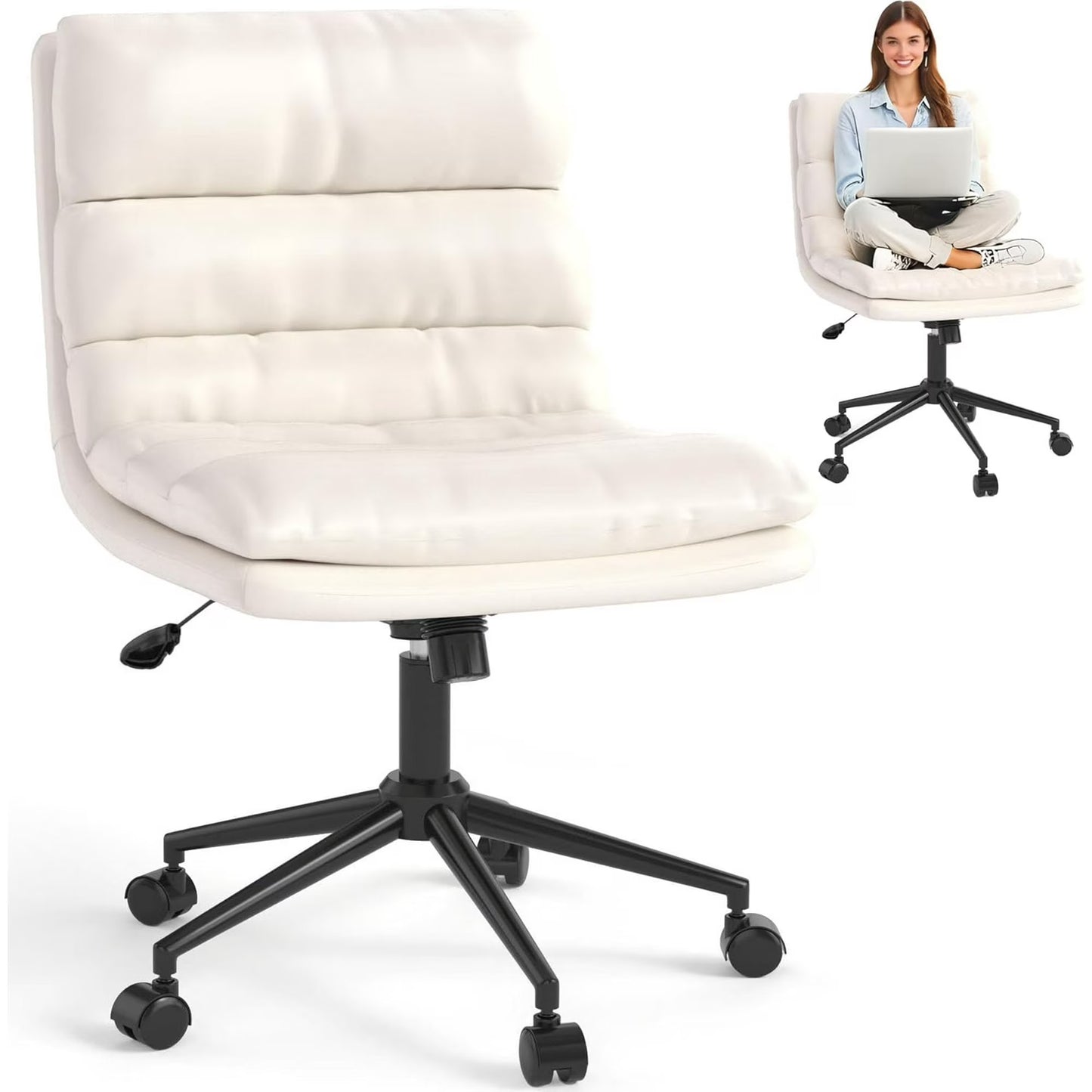 YODOLLA Office Chair with Wheels, Adjustable Height Vanity Chair with Back Armless Desk Chair and PU Leather Swivel Chair for Office, Home, White