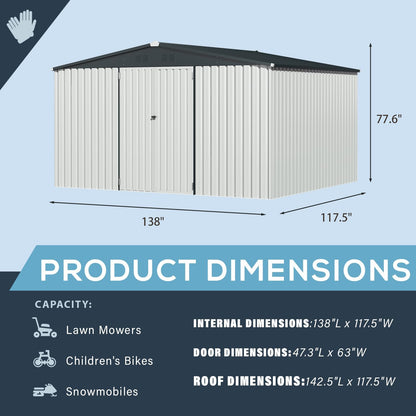 AECOJOY 12' x 10' Outdoor Storage Shed with Lockable Door Patio Metal Garden Storage Building in White for Outside
