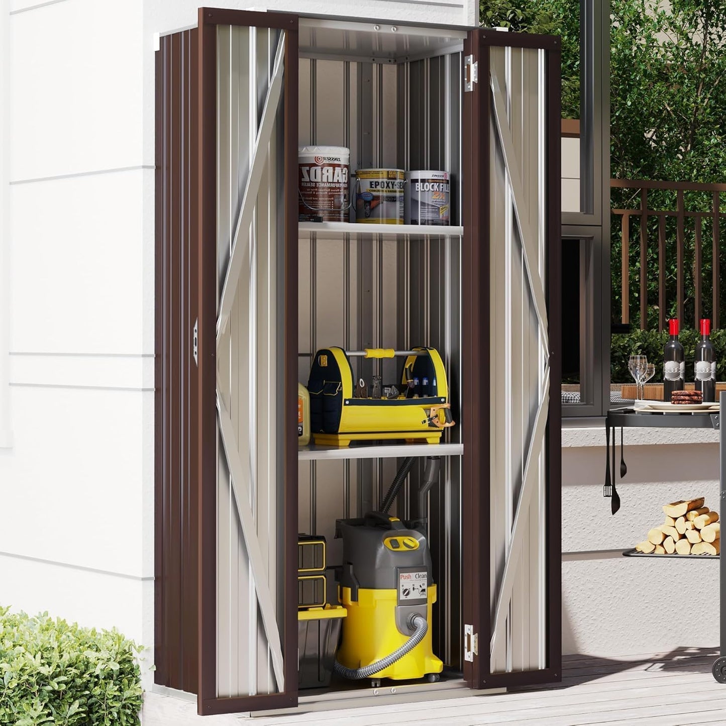 YODOLLA Outdoor Metal Storage Cabinet with Locking Doors and Adjustable Shelves for Home, Office,Garden(Brown)