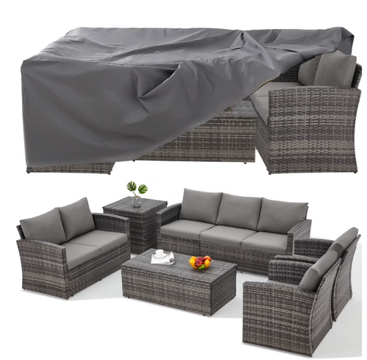 AECOJOY 7 Pieces Patio Furniture Set with Two Storage Boxes, Outdoor Rattan Conversation Set with Cover，All-Weather PE Wicker Sectional Sofa Outdoor Furniture for Garden, Backyard, Grey Rattan&Grey