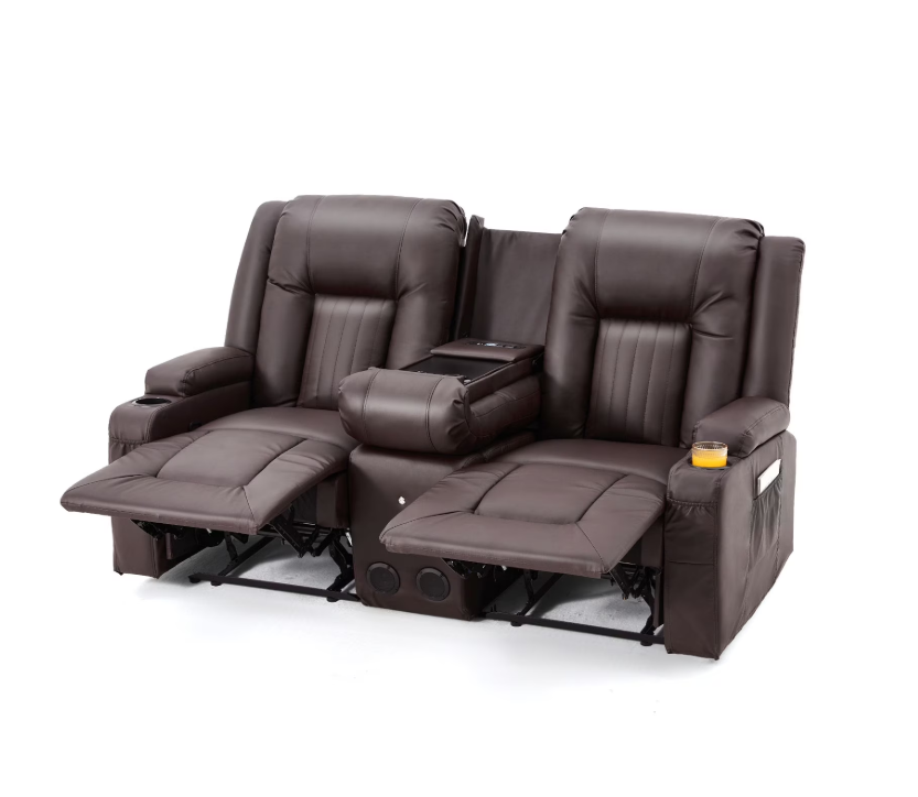 YODOLLA Loveseat Recliners with Console&Bluetooth Speakers, Recliner Chair Reclining Sofa with USB Ports&4 Cup Holders, 2 Side Pockets Wall Hugger Recliner Home Theater Seating, Fuax Leather, Brown