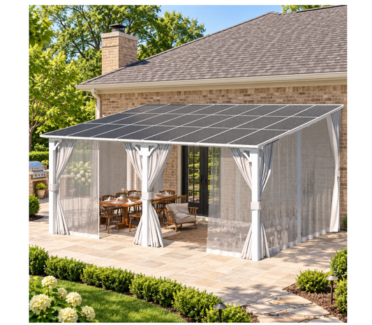 YODOLLA 16x12ft Wall-Mounted Hardtop Gazebo with Curtains and Mosquito Netting, Outdoor Pergola for Patio and Deck, White
