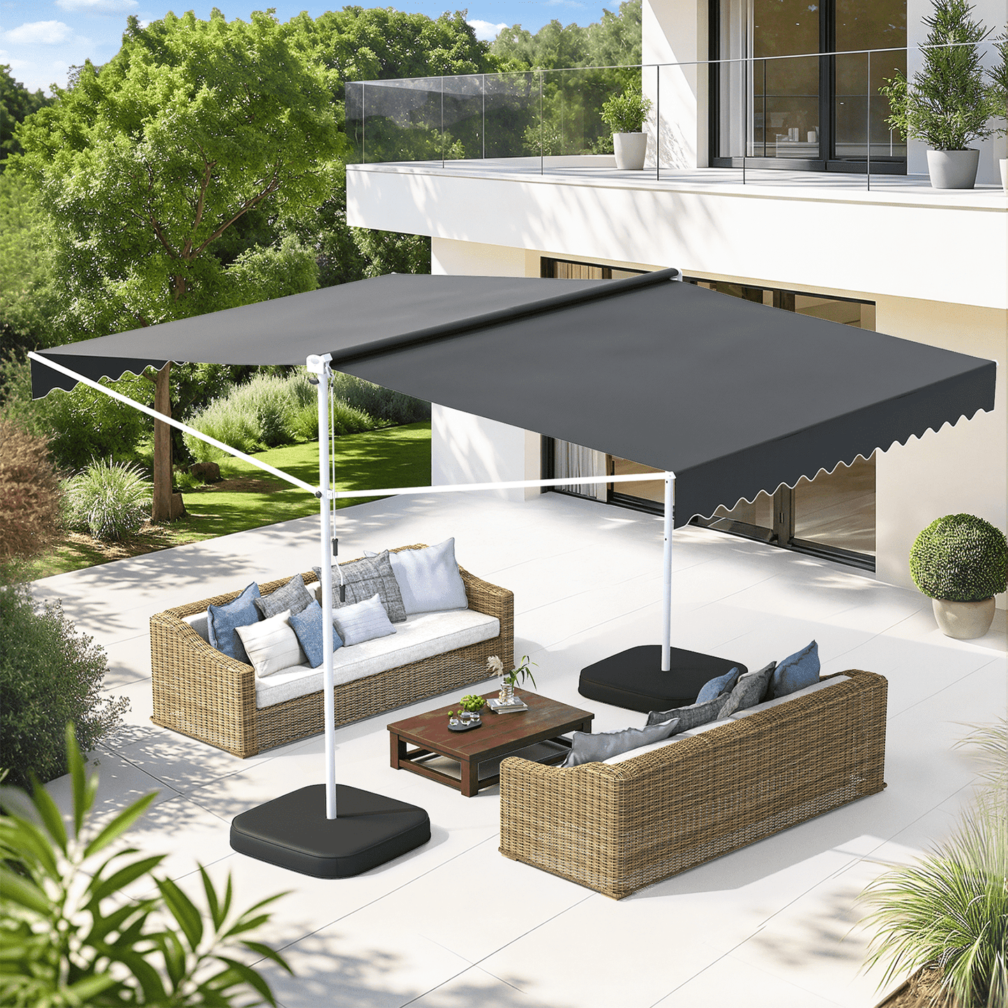 AECOJOY 13x10 ft. Free Standing Retractable Awning with Weighted Base - Dual Side Patio Awnings Manual Sun Shade - Dark Grey