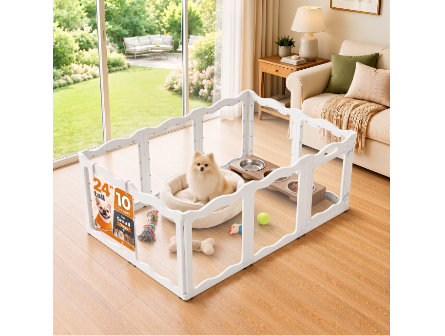 JFHID Clear Acrylic Dog Playpen Indoor for Small Dogs, Puppies & Cats, 24" H, 10 Panels, White