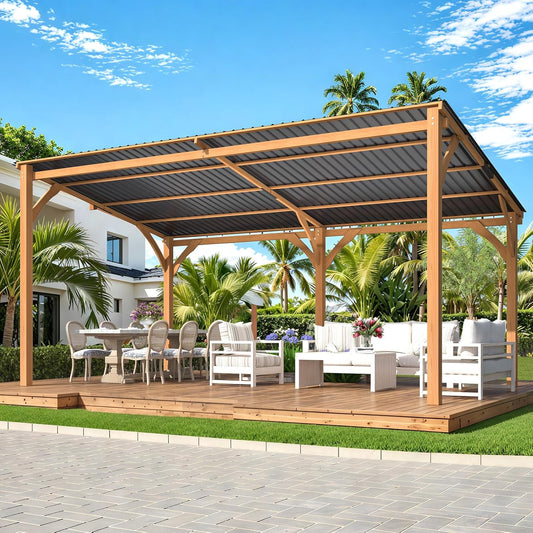 YODOLLA 16' x 10' Wall-Mounted Outdoor Wood Gazebo, Hardtop Cedar Pergola with Heavy-Duty Awnings for Patio, Deck, Backyard