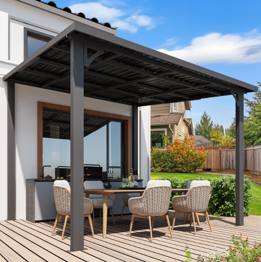 AECOJOY 10' x 10' Hardtop Patio Gazebo Wall Mounted, Heavy Duty Outdoor Pergola on Clearance with Galvanized Steel Roof, Waterproof Metal Grill Gazebo for Backyard