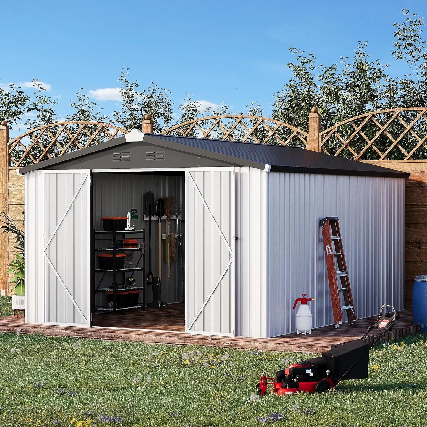 AECOJOY 10' x 14' Outdoor Storage Shed with Lockable Door Patio Metal Garden Storage Building in White for Outside