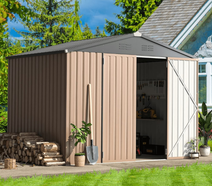 YODOLLA 8 x 6 ft. Outdoor Metal Storage Shed with Lockable Door for Garden Tools in Brown