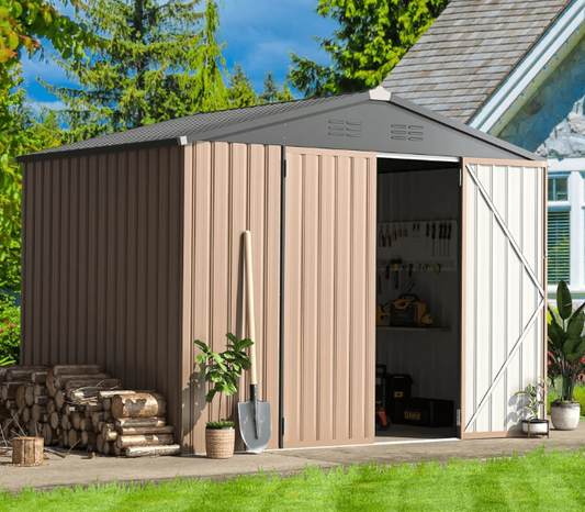 YODOLLA 8 x 6 ft. Outdoor Metal Storage Shed with Lockable Door for Garden Tools in Brown