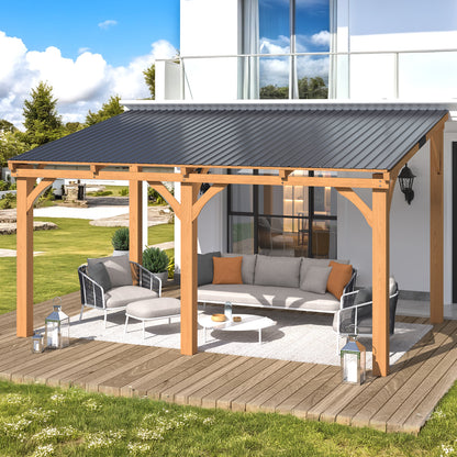 YODOLLA 14' x 10' Wall-Mounted Outdoor Wood Gazebo, Hardtop Cedar Pergola with Heavy-Duty Awnings for Patio, Deck, Backyard