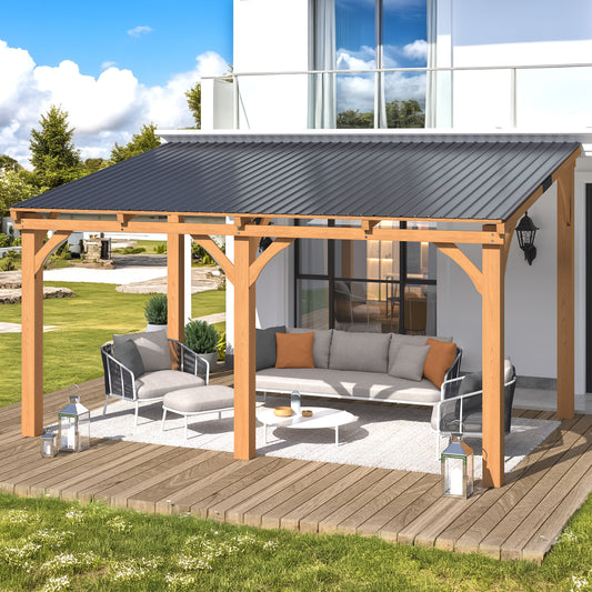 YODOLLA 14' x 10' Wall-Mounted Outdoor Wood Gazebo, Hardtop Cedar Pergola with Heavy-Duty Awnings for Patio, Deck, Backyard