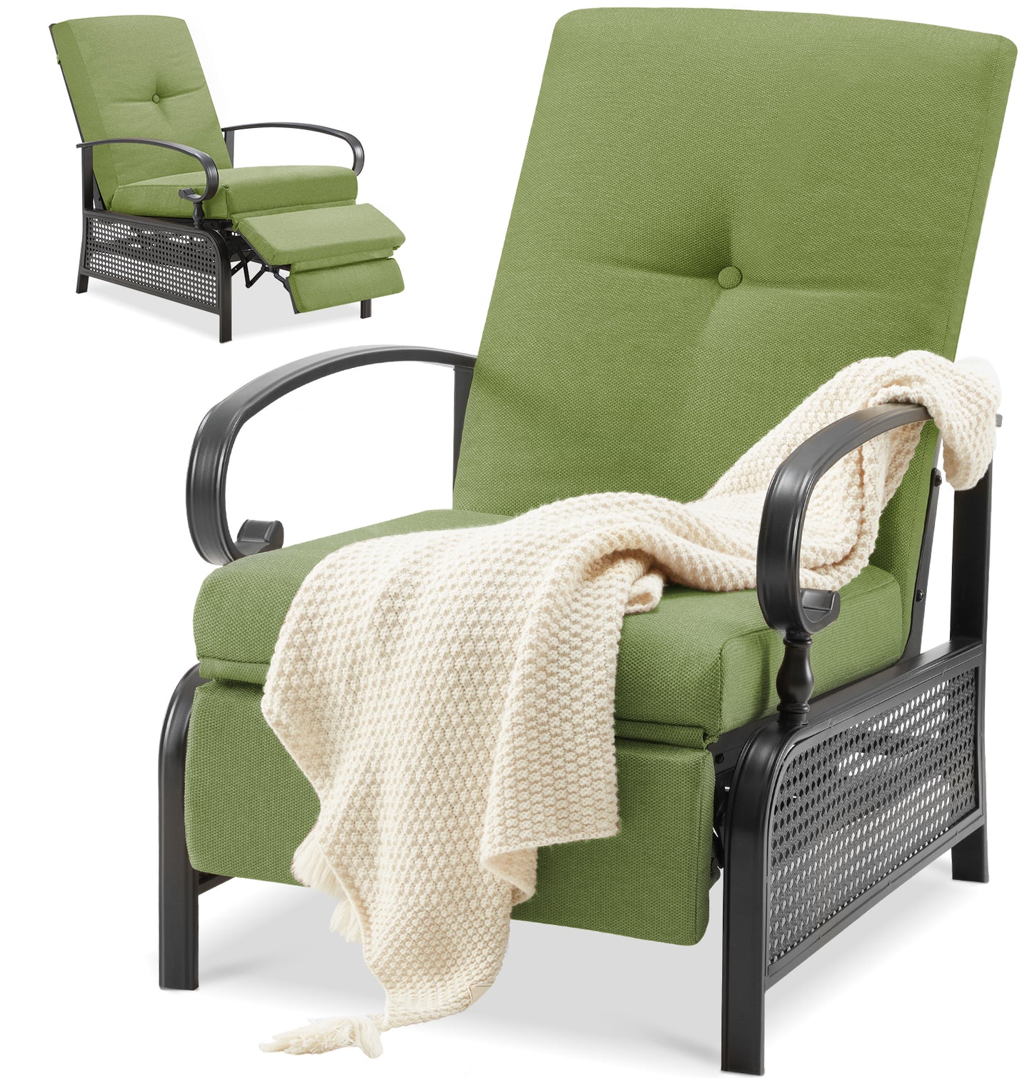 AECOJOY Adjustable Patio Reclining Lounge Chair with Strong Extendable Metal Frame and Comfortable Cushions-Green