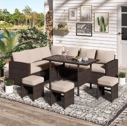 YODOLLA 7-Piece Patio Funiture Set on Sale, Outdoor Sectional Sofa Couch with Dining Table, Patio Conversation Set in Brown Wicker& Beige Cushions