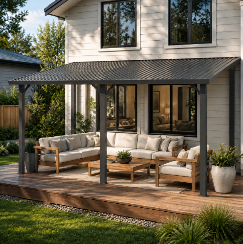 YODOLLA 8'x16' Hardtop Wall-Mounted Lean-to Gazebo, Galvanized Steel Roof for Patio & Decks