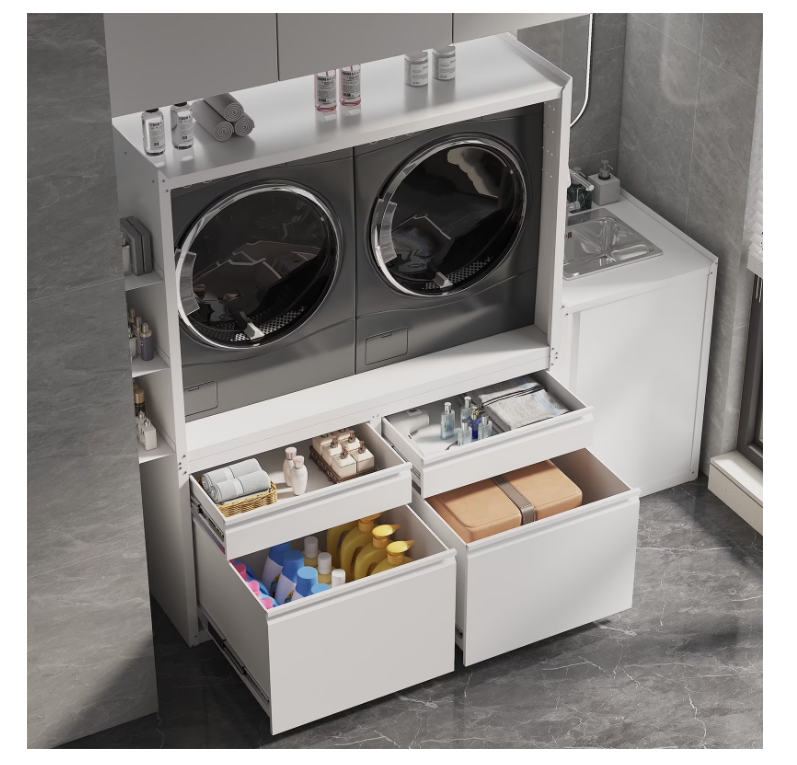 AECOJOY Laundry Pedestal with Sink Cabinet for 2 Washers and Dryers, 1300LBS Heavy Duty Universal Anti-Vibration Stand Base Raiser with Drawers, Hooks & Storage Cabinets,White