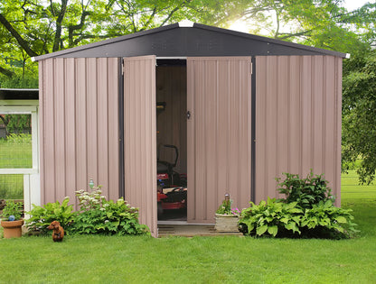 YODOLLA 10' x 8' Outdoor Metal Storage Shed in Brown Patio Storage Building with Lockable Door for Garden, Backyard