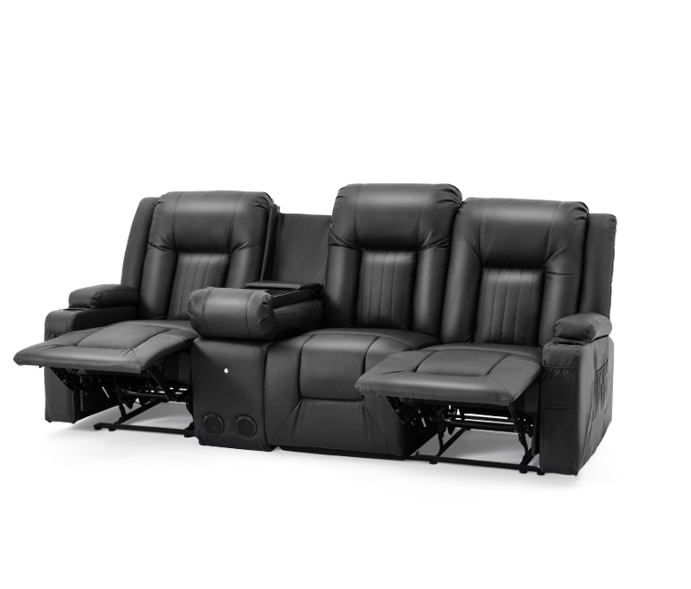 YODOLLA Reclining Sofa with Console&Bluetooth Speakers, Manual RV Recliner Couch with USB Ports&4 Cup Holders, 2 Side Pockets Recliners on Clearance Home Theater Seating, Fuax Leather, Black