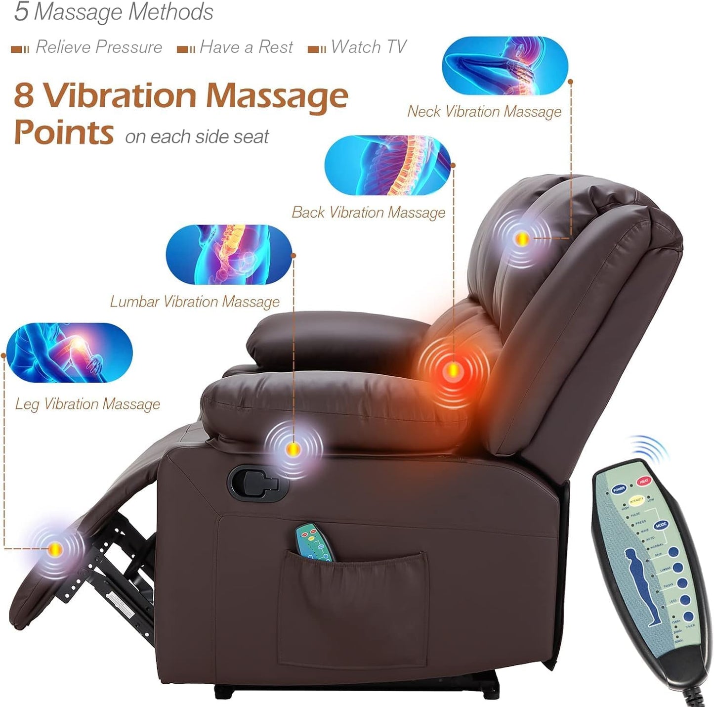 YODOLLA 3 Pieces Recliner Sofa Set with Massage Heated Function, Home Theater Seating Leather Couch Set with Side Pockets, Brown