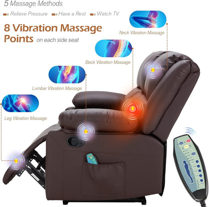 YODOLLA 3 Pieces Recliner Sofa Set with Massage Heated Function, Home Theater Seating Leather Couch Set with Side Pockets, Brown