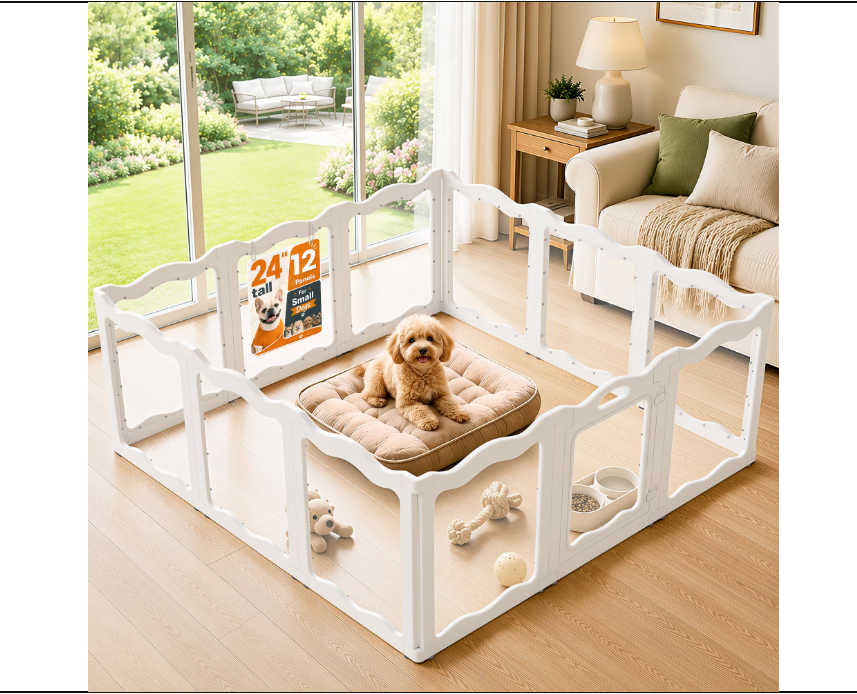 JFHID Clear Acrylic Dog Playpen Indoor for Small Dogs, Puppies & Cats, 24" H, 12 Panels, White