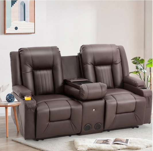 AECOJOY Loveseat Recliners with Console&Bluetooth Speakers, Recliner Chair Reclining Sofa with USB Ports&4 Cup Holders, 2 Side Pockets Wall Hugger Recliner Home Theater Seating, Fuax Leather, Brown