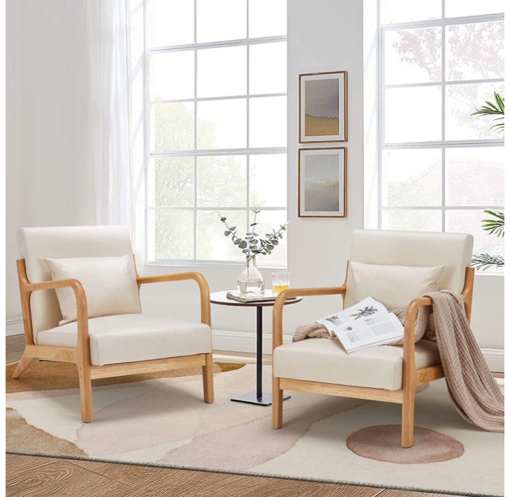 YODOLLA Fabric Accent Chair Mid-Century Modern Upholstered Arm Chair Set of 2 for Living Room in White