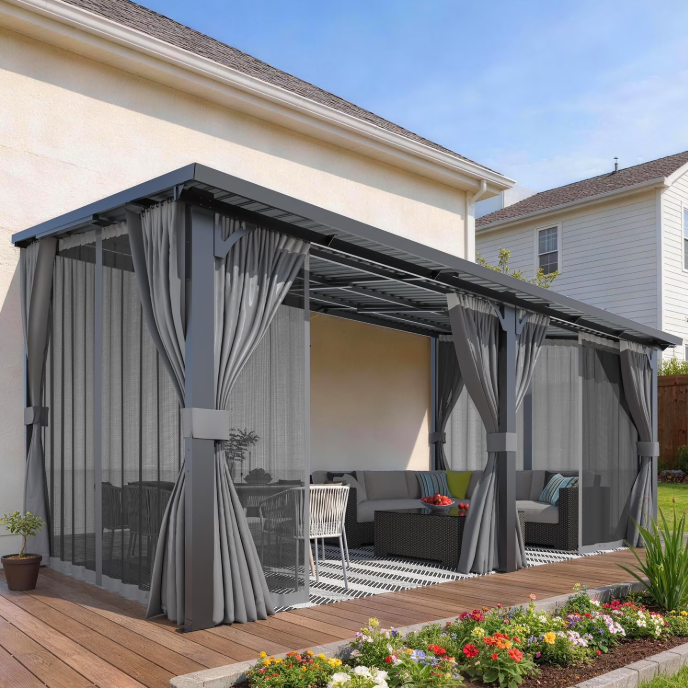 AECOJOY 16' x 10' Hardtop Patio Gazebo with Curtains and Netting, Wall Mounted Heavy Duty Outdoor Pergola on Clearance with Galvanized Steel Roof, Waterproof Metal Grill Gazebo for Backyard
