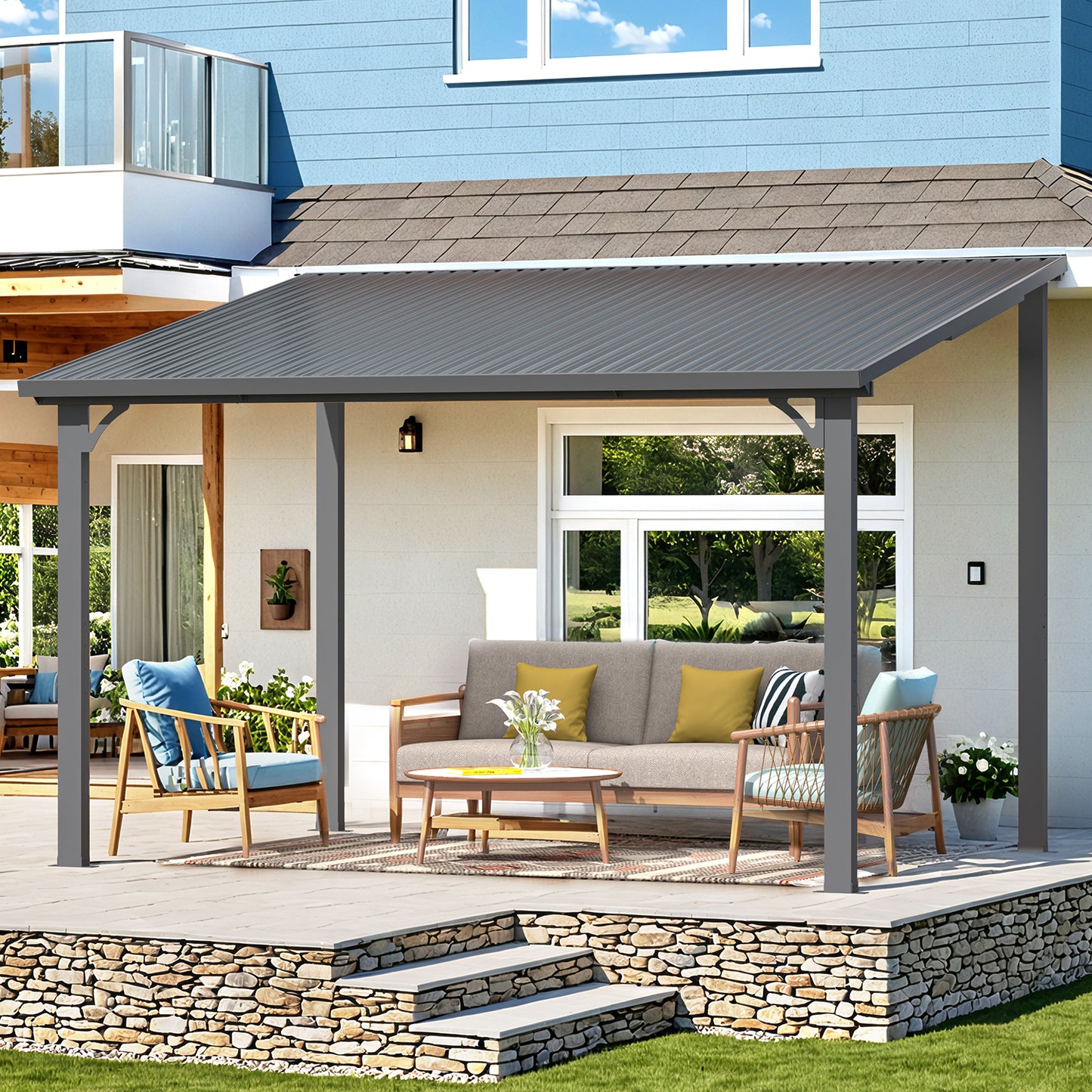 AECOJOY 12' x 8' Hardtop Patio Gazebo Wall Mounted, Heavy Duty Outdoor Pergola on Clearance with Galvanized Steel Roof, Waterproof Metal Grill Gazebo for Backyard