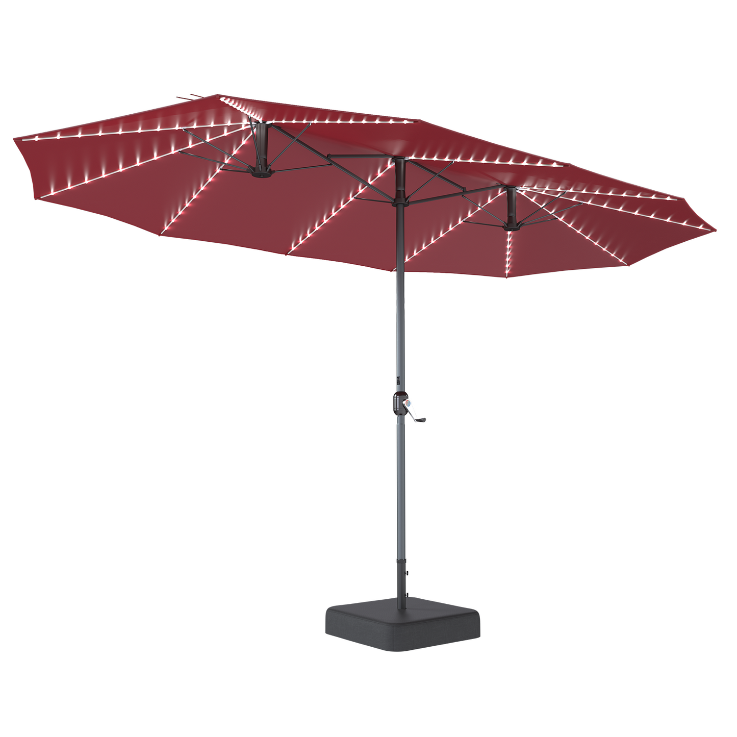 YODOLLA 15 x 9 ft Double-Sided Rectangular Patio Umbrella with Solar Lights & Included Base, 360° All-Round Lighting, 1.9" Pole, Red