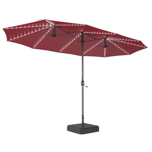 YODOLLA 15 x 9 ft Double-Sided Rectangular Patio Umbrella with Solar Lights & Included Base, 360° All-Round Lighting, 1.9" Pole, Red
