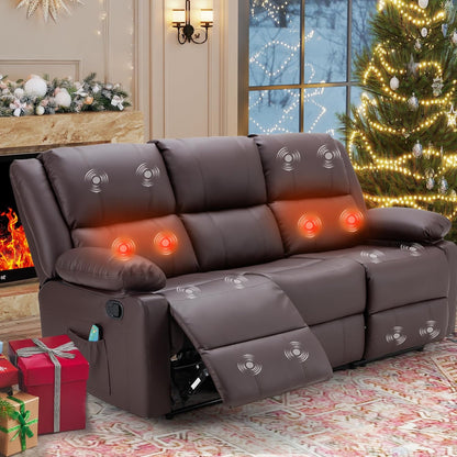 YODOLLA 3 Seat Leather Recliner Sofa with Massage Heated Function, Home Theater Seating Chair in Brown