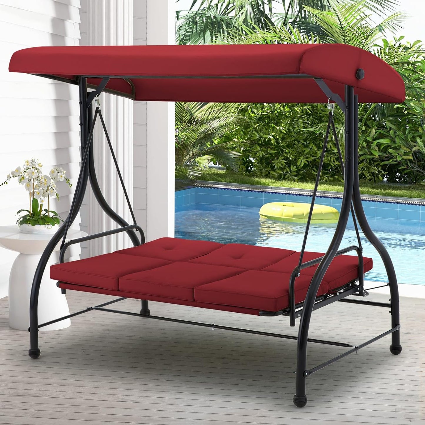 AECOJOY Steel 3 Person Canopy Porch Swing with Glider Hammock, Red