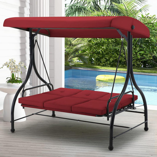 AECOJOY Steel 3 Person Canopy Porch Swing with Glider Hammock, Red