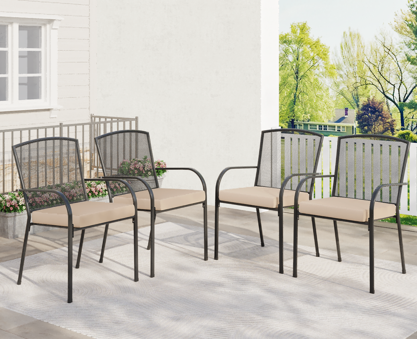 AECOJOY Outdoor Dining Chair Set of 4 with Cushion, Stackable Outside Dining Chairs with Armrests Metal Mesh for All Weather, Dark Grey and Beige Cushion