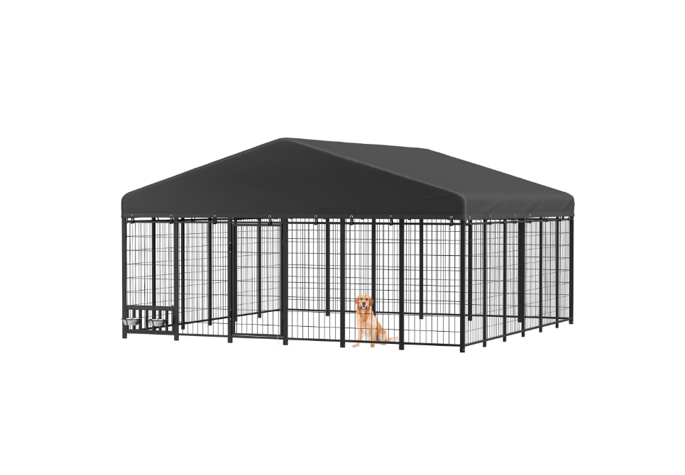 YODOLLA Outdoor Dog kennel, 12x12FT Dog Enclosure with Waterproof Cover & Rotating Feeder