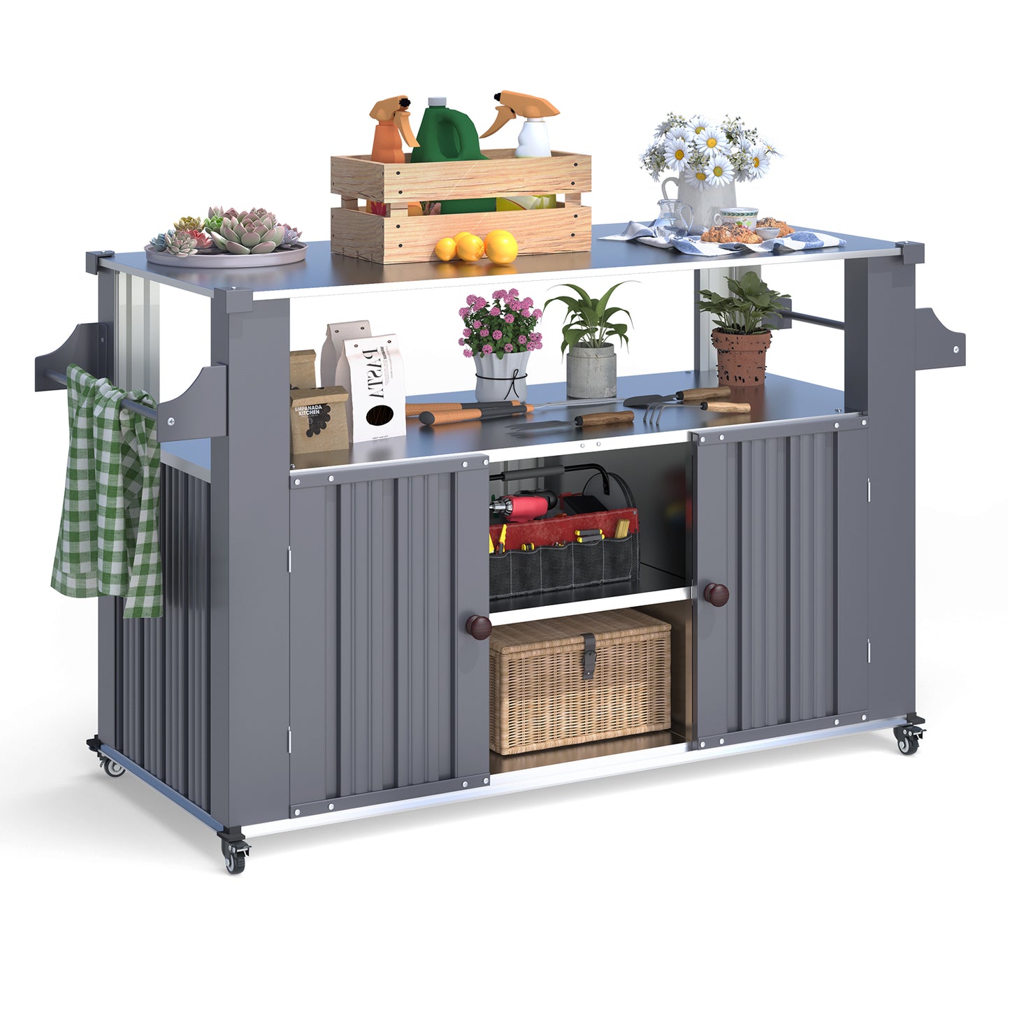 AECOJOY Outdoor Grill Table Cart with Storage Cabinet, Weatherproof Outdoor Kitchen Island with Prep Counter, Dark Grey