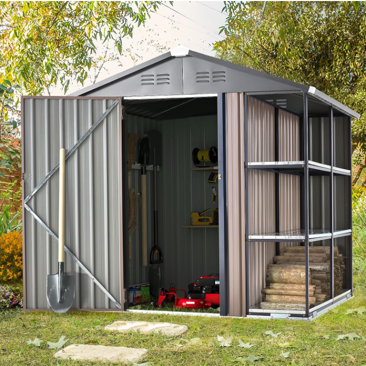 YODOLLA 6' x 6' Outdoor Storage Shed with Rack & Shelves Metal Utility Tool Shed for Backyard & Garden