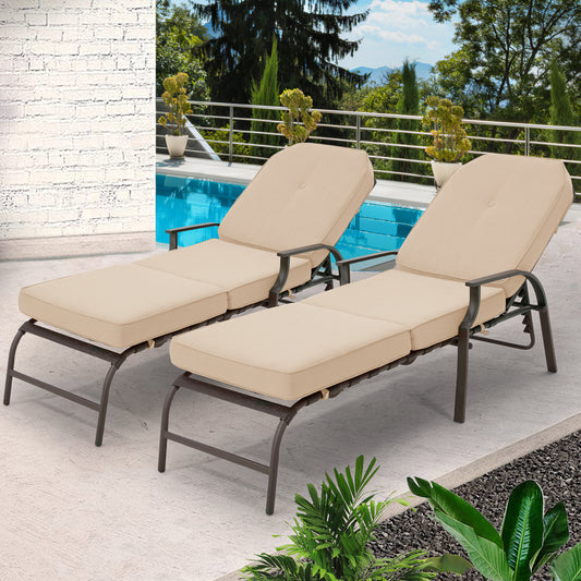 YODOLLA Set of 2 Adjustable Patio Lounge Chair with Thick Cushion Outdoor Chaise Lounge Recliner, Beige