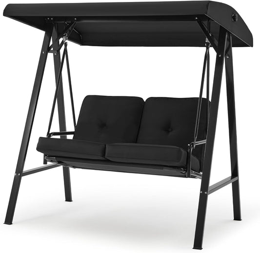 AECOJOY 2 Persons Outdoor Patio Canopy Steel Porch Swing Chair with Cover, Black