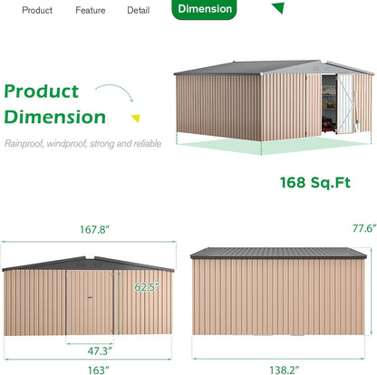 YODOLLA 10 x 14 ft. Outdoor Metal Storage Shed with Sliding Roof & Lockable Door in Brown for Patio, Garden& Backyard