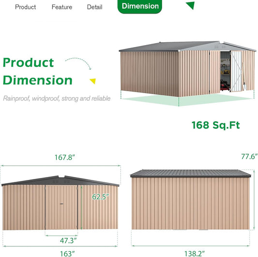 YODOLLA 10 x 14 ft. Outdoor Metal Storage Shed with Sliding Roof & Lockable Door in Brown for Patio, Garden& Backyard