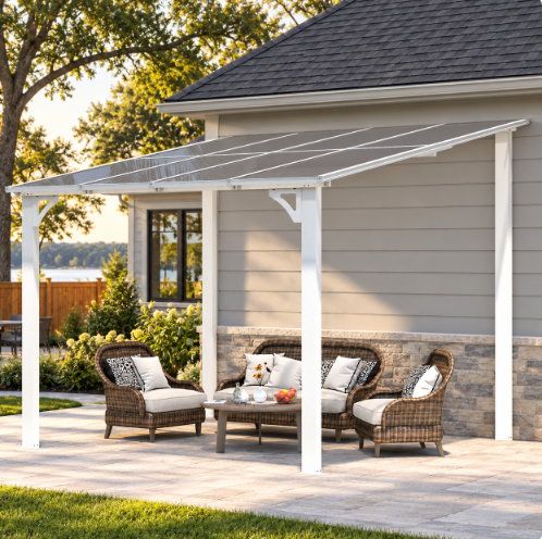 YODOLLA 8x8ft Wall-Mounted Hardtop Gazebo with Patio Roof, Heavy Duty Outdoor Pergola for Backyard, White