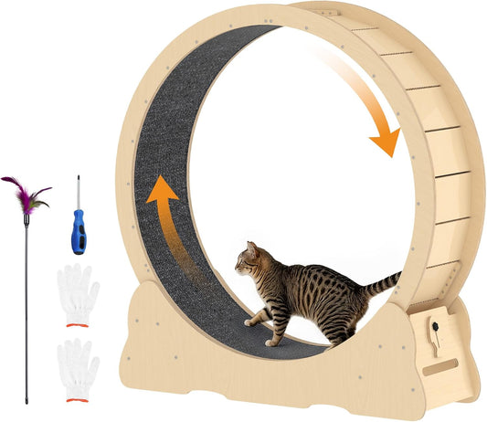 YODOLLA 42" Cat Wheel for indoor Cats, Cat Exercise Wheel with Detachable Carpeted Runway, Cat Treadmill for Daily Exercise,Natural Wood Color