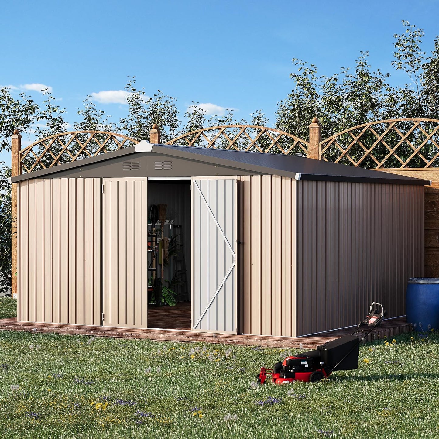 YODOLLA 12 x 12 ft. Outdoor Metal Storage Shed with Sliding Roof & Lockable Door in Brown for Patio, Garden& Backyard