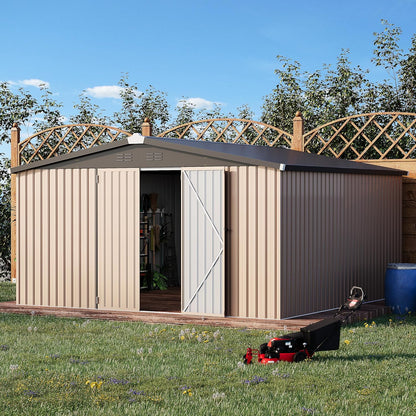 YODOLLA 12 x 12 ft. Outdoor Metal Storage Shed with Sliding Roof & Lockable Door in Brown for Patio, Garden& Backyard