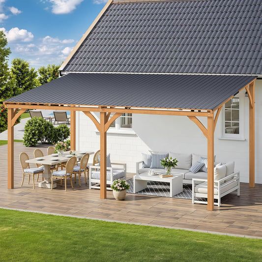 YODOLLA 16' x 10' Wall-Mounted Outdoor Wood Gazebo, Hardtop Cedar Pergola with Heavy-Duty Awnings for Patio, Deck, Backyard