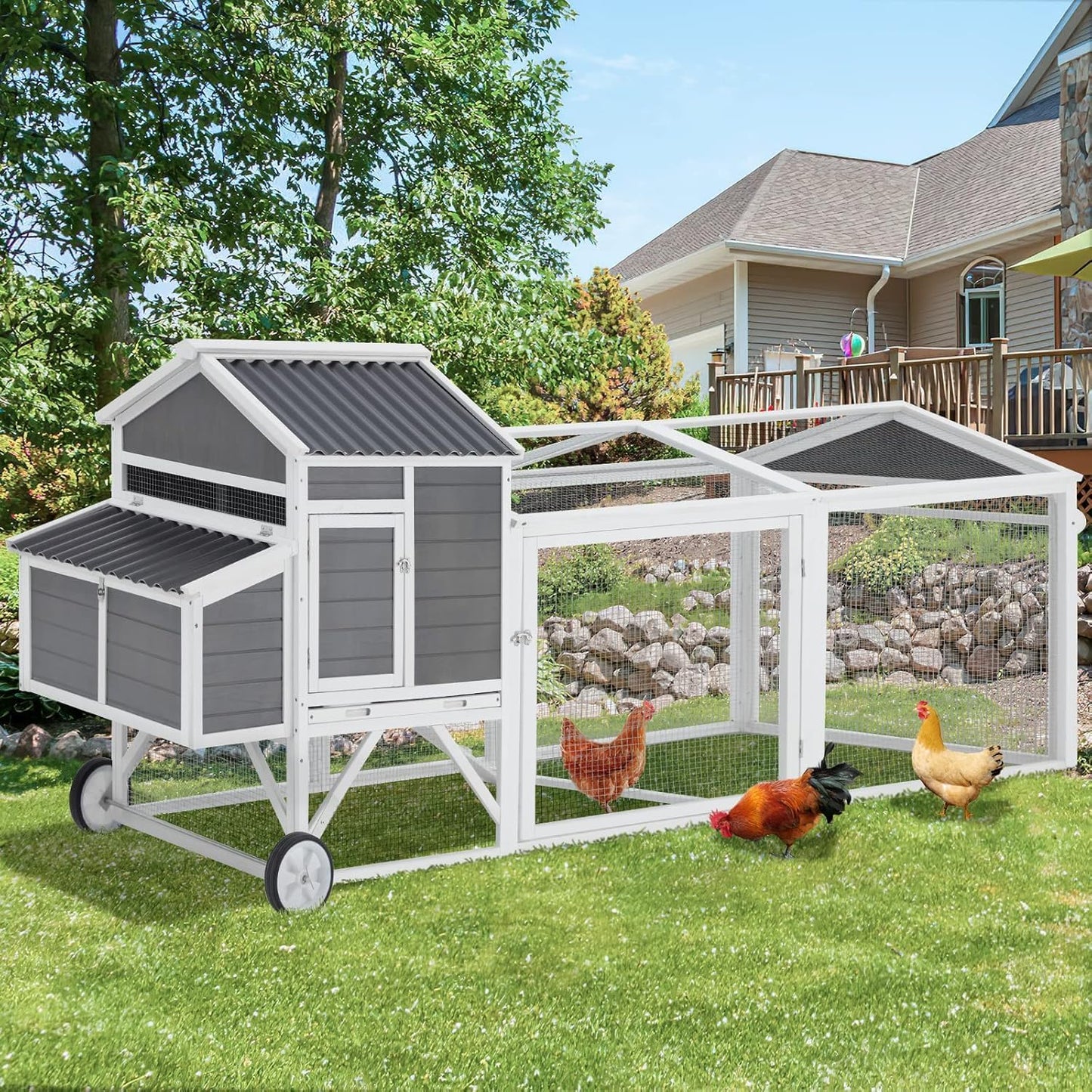 YODOLLA 95" Chicken Coop with Wheels, Poultry Cage Wooden Chicken Hutch Tractor with Run, Nesting Boxes, Ramps, Removable Tray